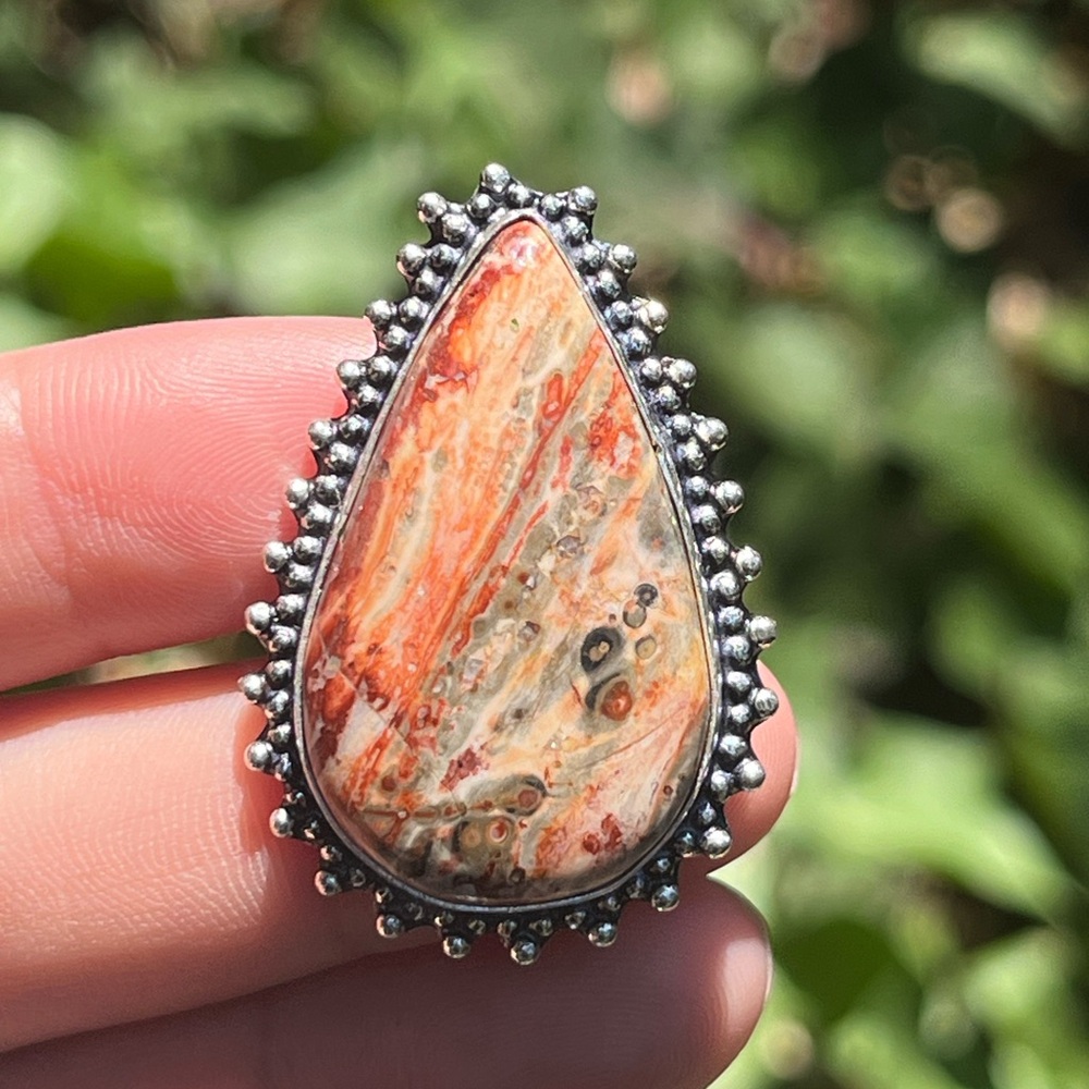 Size 8.25 925 silver plated leopard skin jasper ring